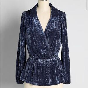 Modcloth Peak of Chic Crushed Velvet Top Faux Wrap Puff Sleeve Blue S